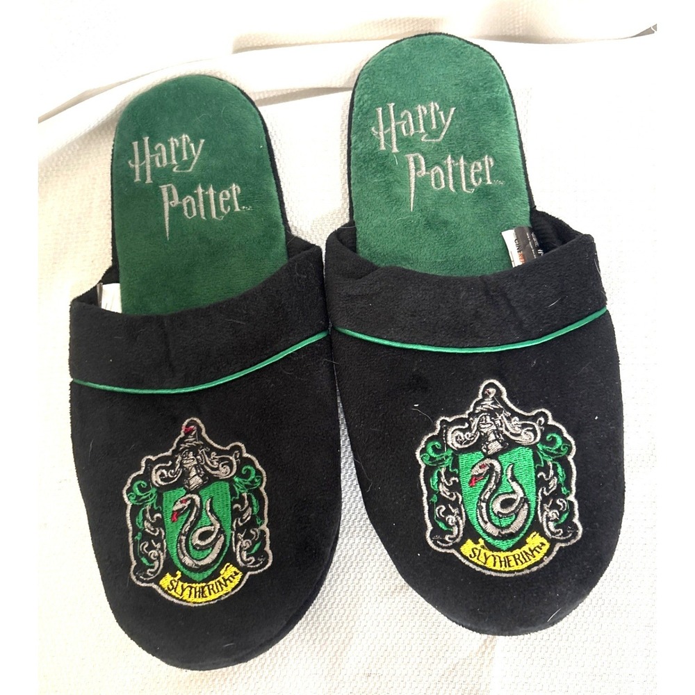 Harry Potter Slytherin House Slippers Black Green Embroidered Crest Unisex M/L